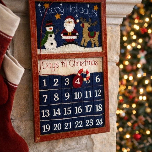 Handmade Other - Rustic Wooden Advent Calendar 1-24 Felt Pockets Candy Cane Marker Handmade